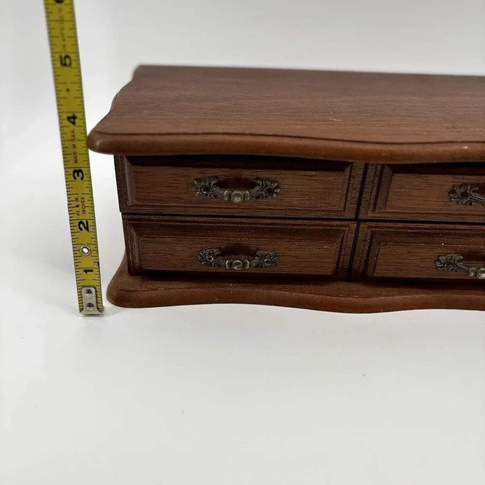 Vintage Mele Wooden Flip Top Jewelry Box Table Top Drawers Ring Holder Trinket